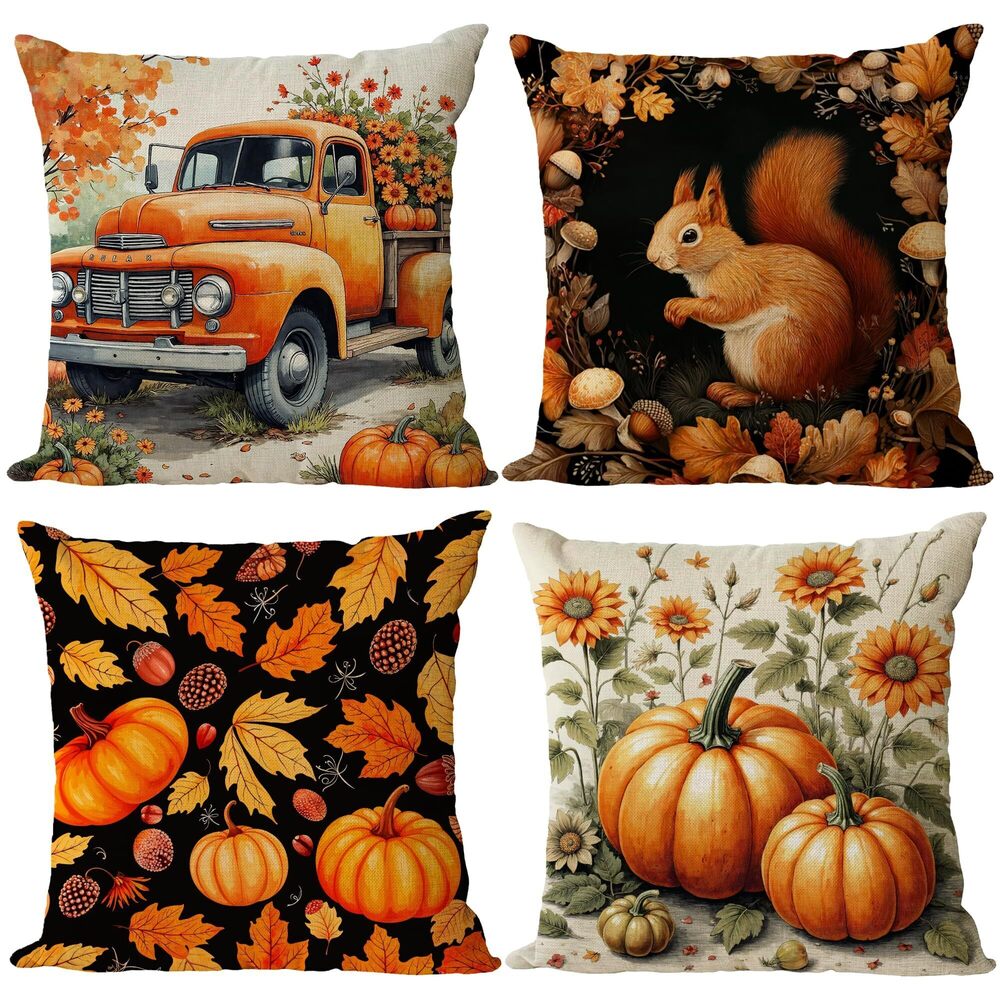 9054 Fall Throw Pillow Covers 12x12 Set of 4 Thanksgiving Pumpkin Pillow